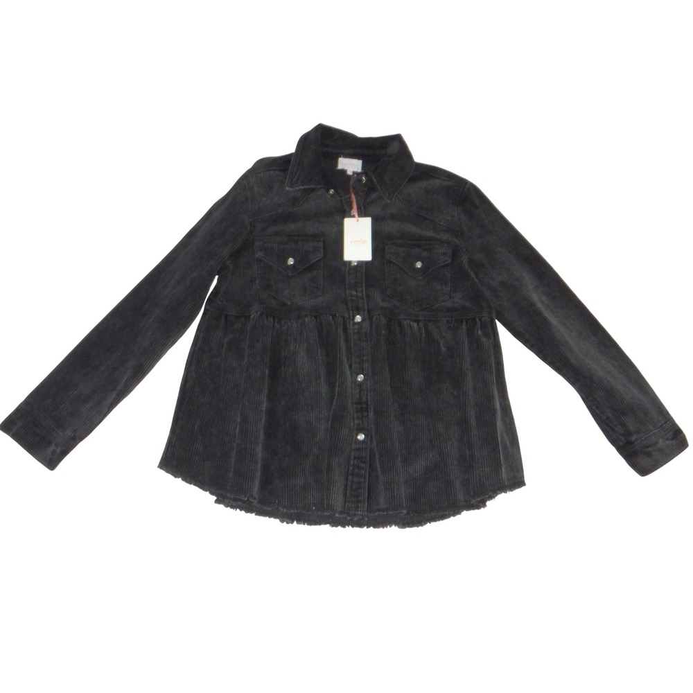 Entro Womens Charcoal Black Corduroy Peplum Shacket Shirt Jacket Raw Hem Size M